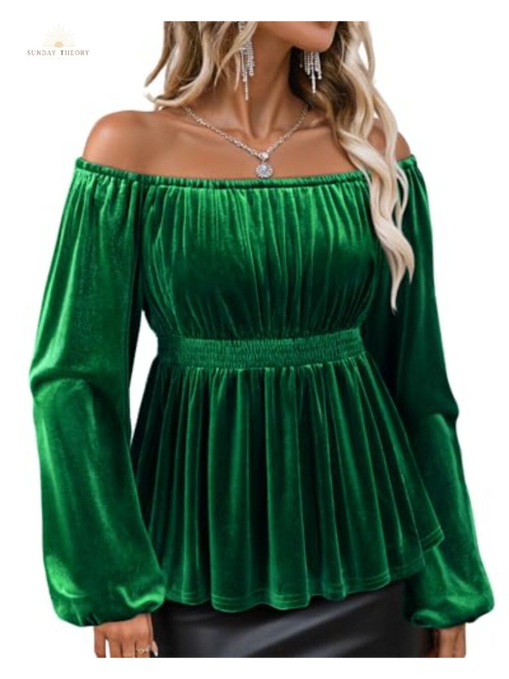 Velvet Off The Shoulder Long Sleeve Peplum Blouse